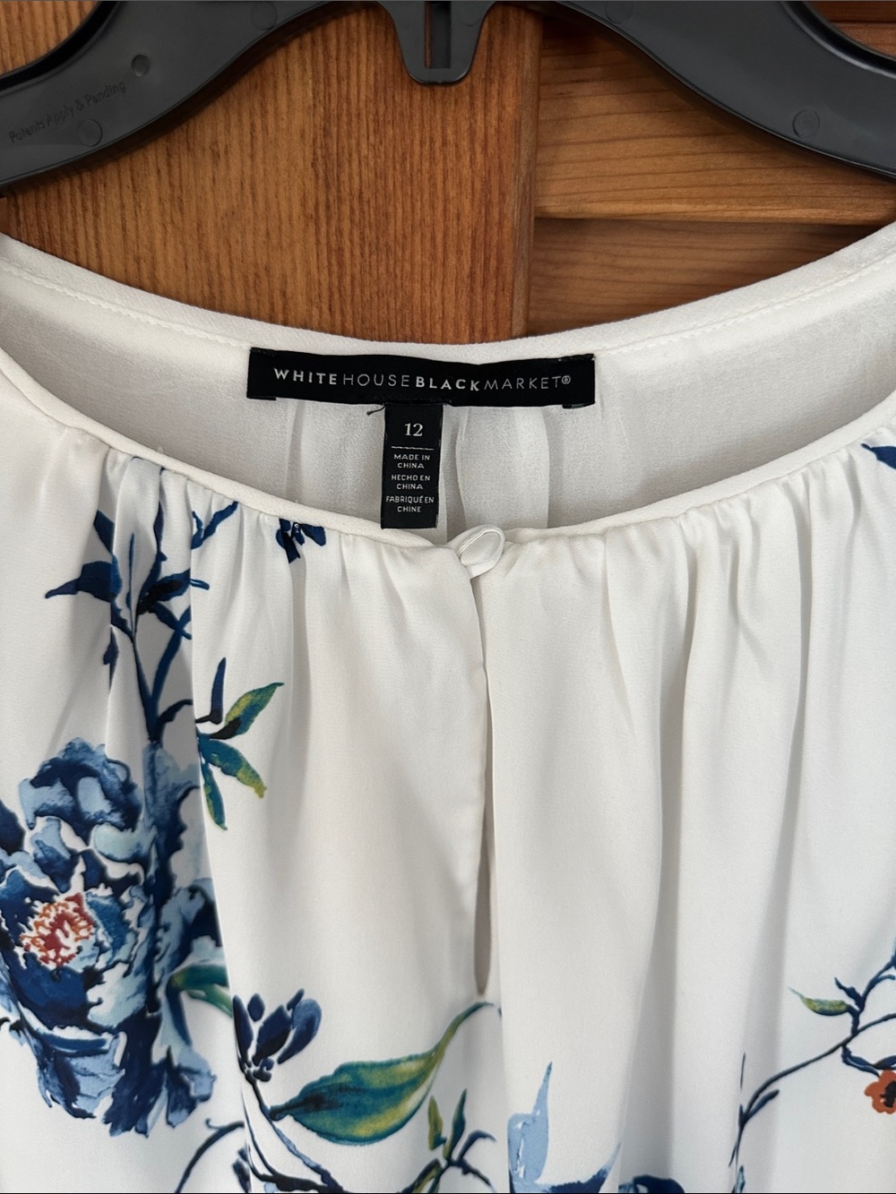 White House Black Market White Long-Sleeve Floral Blouse with Blue Print - Picture 2 of 5